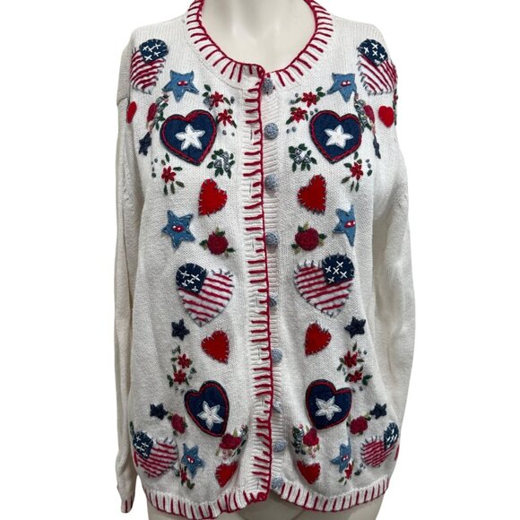 Heirloom Collectibles Americana Knit Cardigan Sweater Hearts Flags Stripes Vtg - Picture 1 of 8